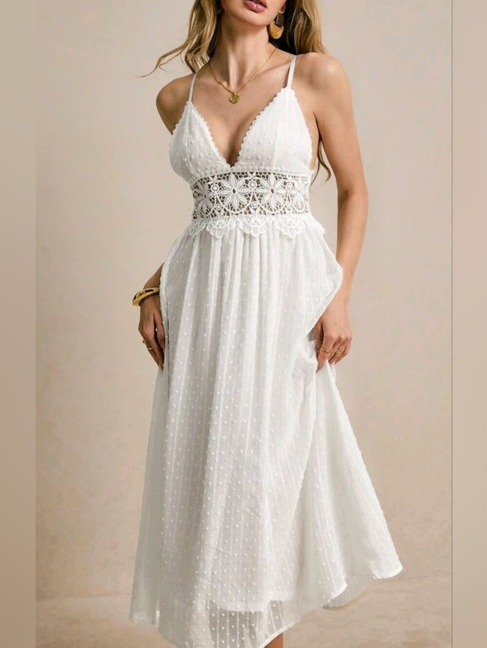 New Boho Embroidered Lace Swiss Dot Midi Cami Dress White